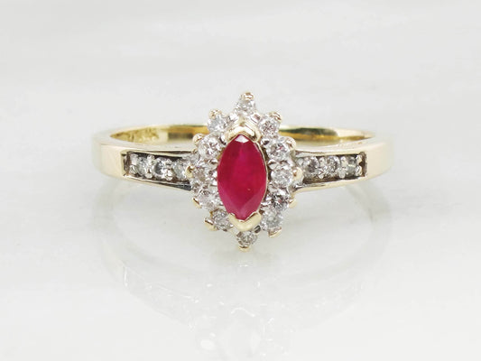 Vintage 14k Yellow Gold Marquise Ruby Diamond Halo Ring - Size 7.25