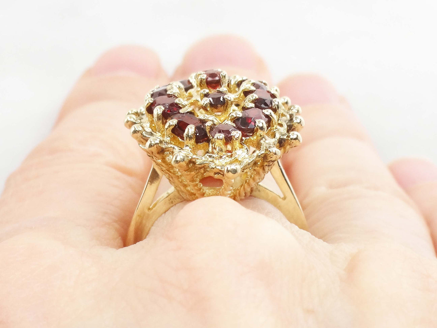 Vintage 14k Yellow Gold Large Garnet Cluster Ring - January Birthstone Ring - Size 6.5