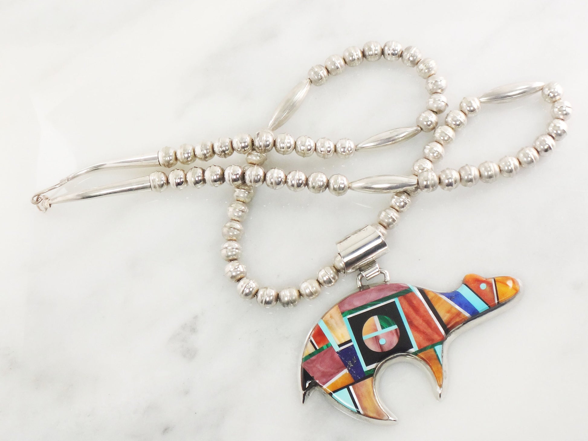 Alvin Yellowhorse Sterling Silver Bear Necklace Multi-Stone Inlaid Pendant and Silver Pearl Bead Chain
