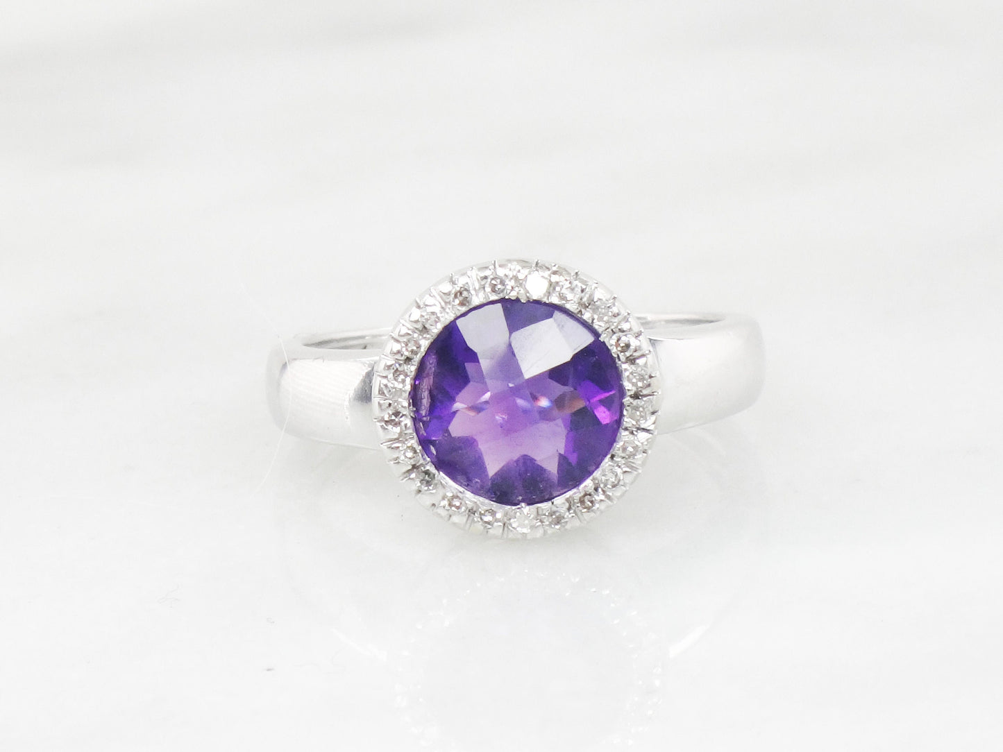 Vintage 14k White Gold Checkerboard Amethyst Ring with Diamond Halo - Size 7