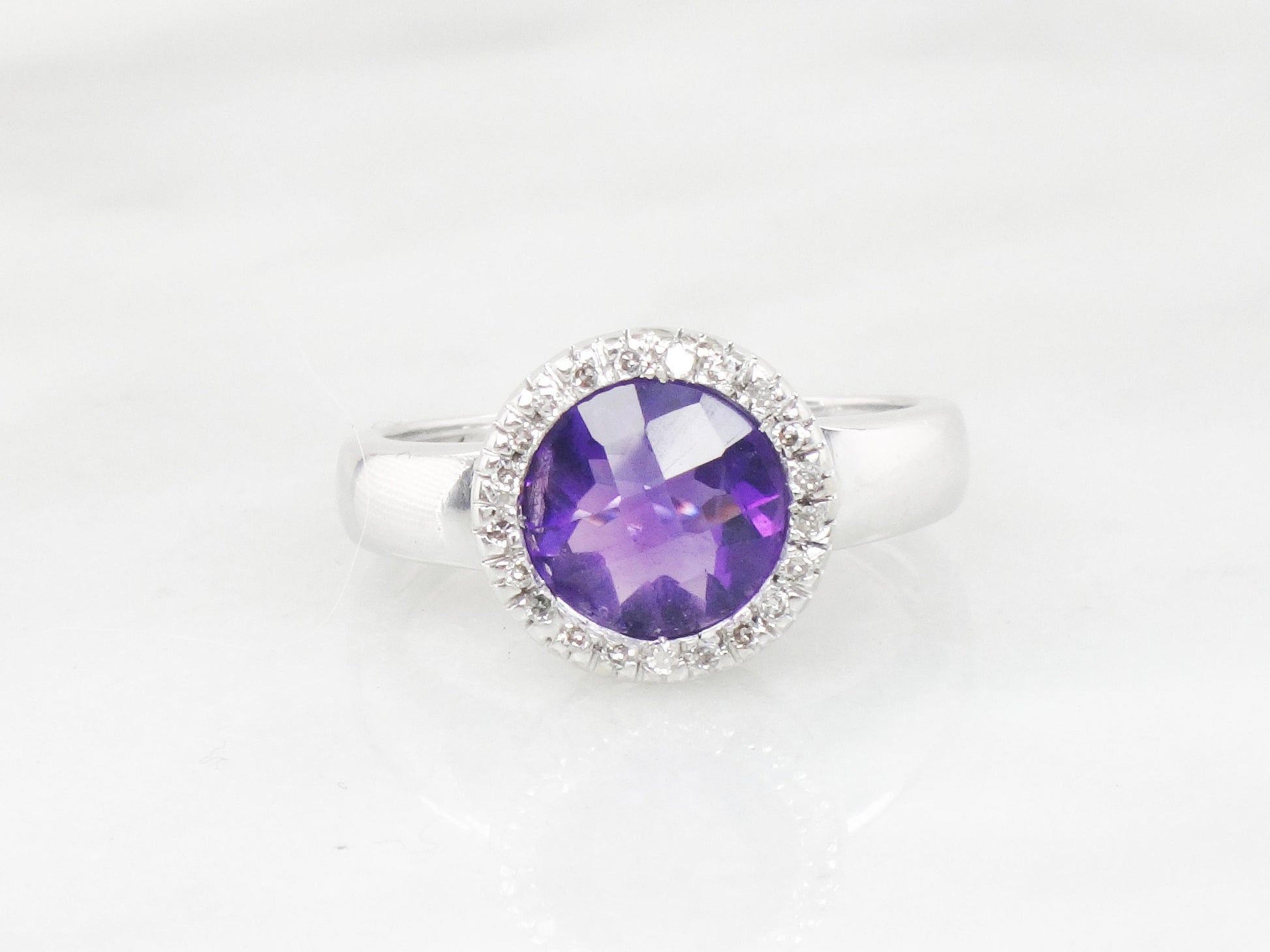 Vintage 14k White Gold Checkerboard Amethyst Ring with Diamond Halo - Size 7