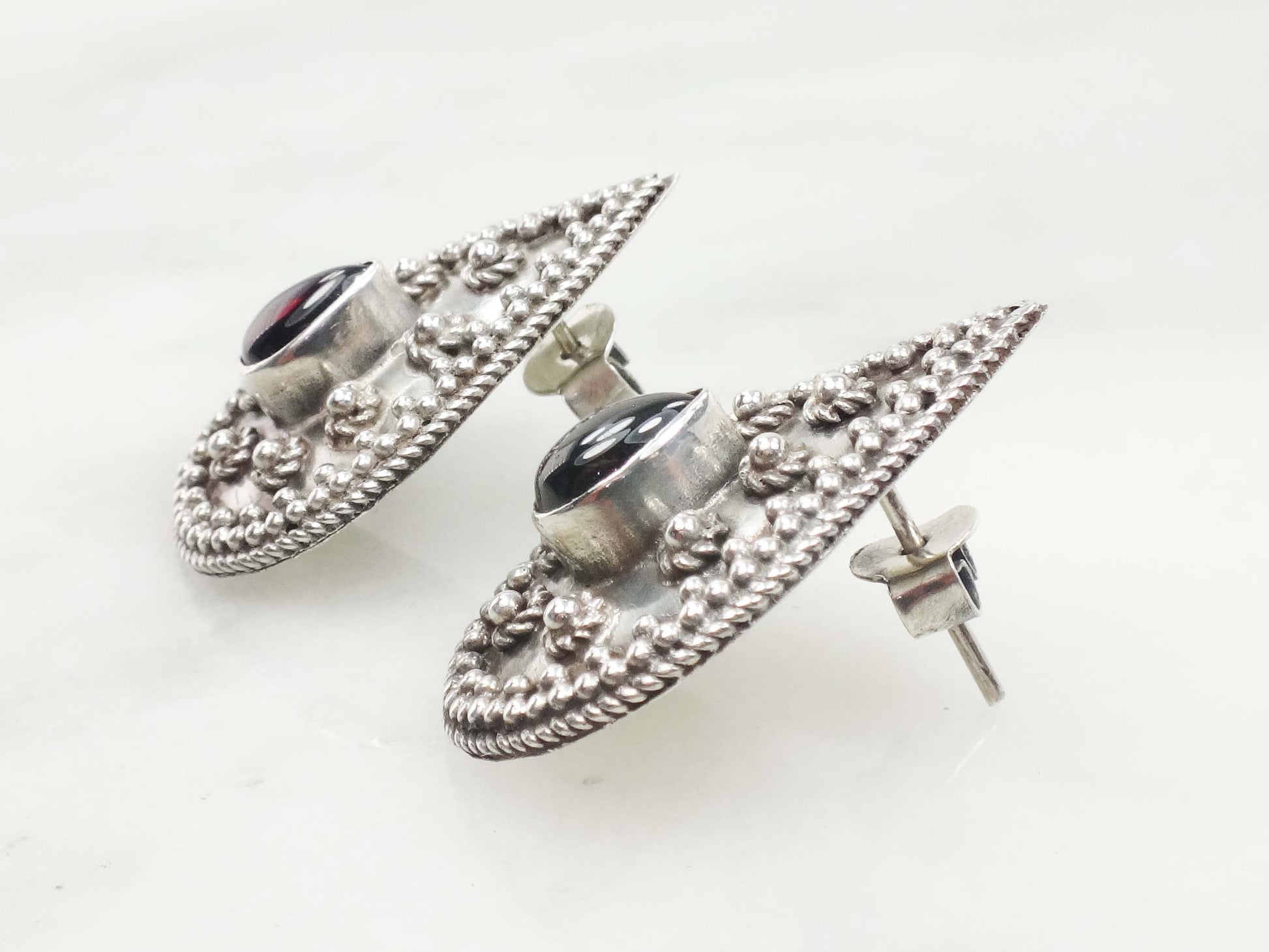 Vintage Large Sterling Silver Teardrop Shaped Garnet Earrings with Post Backs, January Birthstone