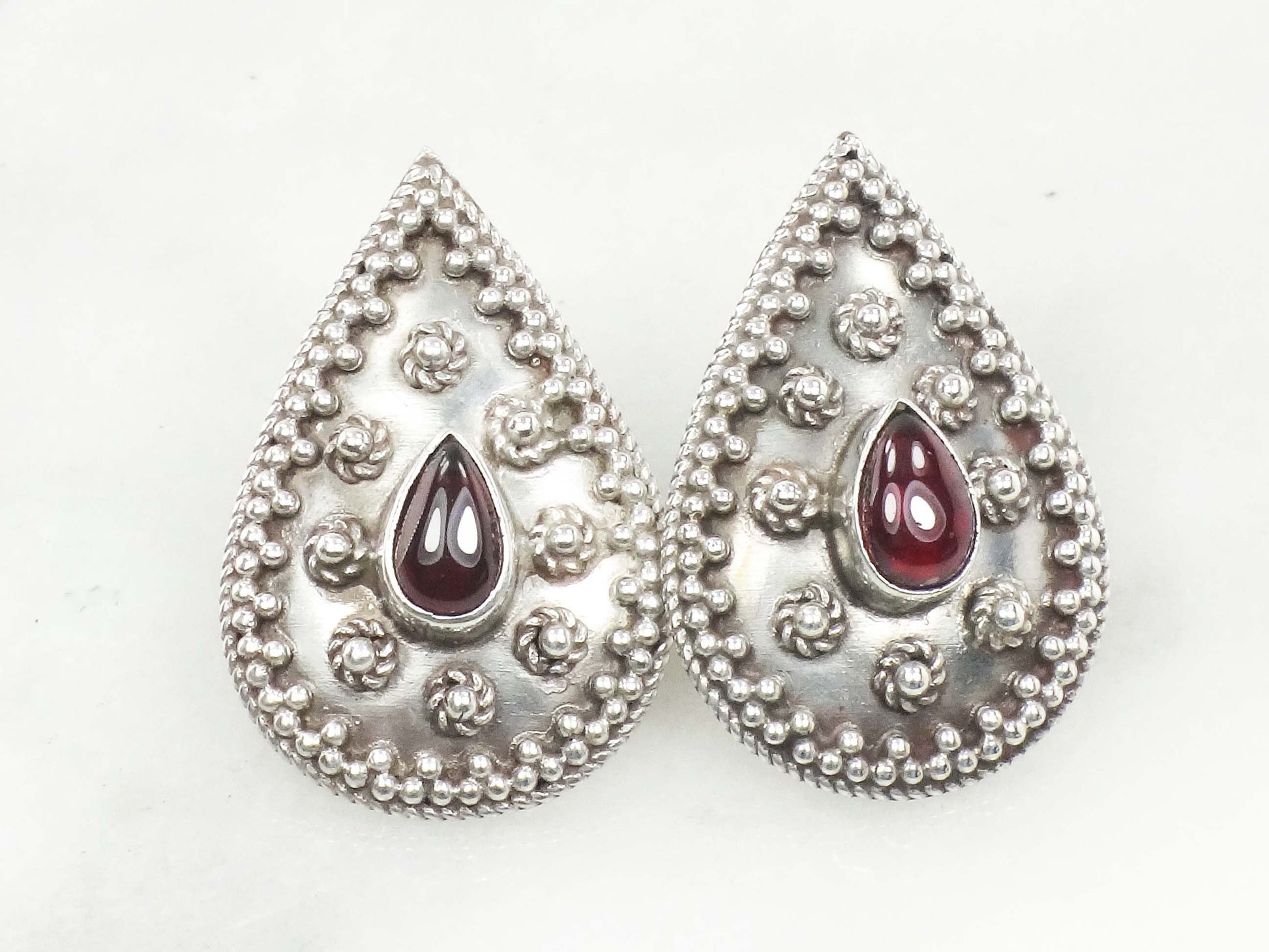 Vintage Large Sterling Silver Teardrop Shaped Garnet Earrings with Post Backs, January Birthstone