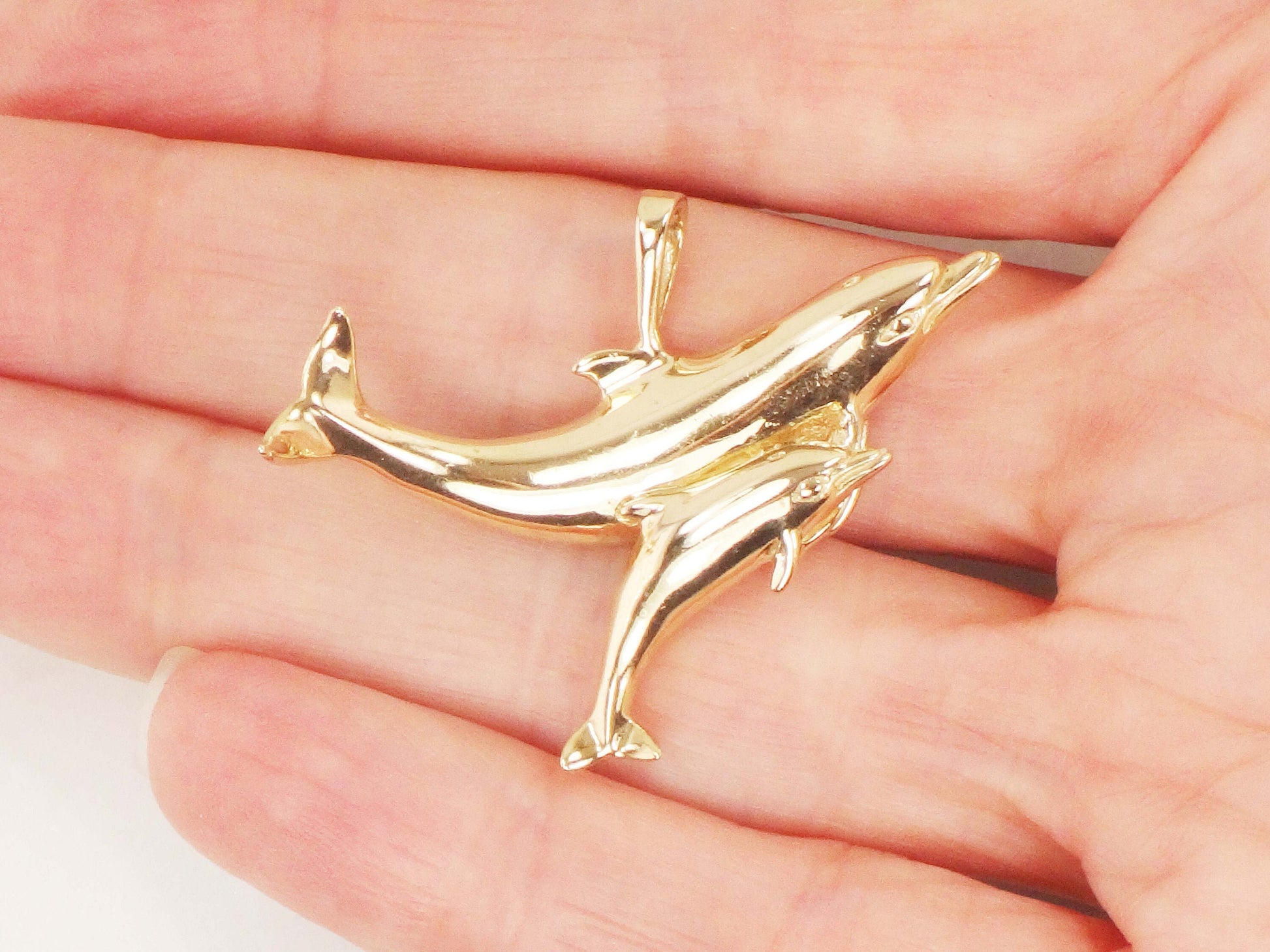 Vintage 14k Gold Dolphins Pendant: Kabana Mother & Baby Nautical Jewelry