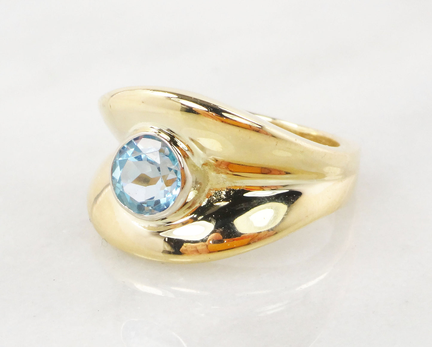 Vintage Wide 14k Yellow Gold Blue Topaz Ring December Birthstone Ring Solid Gold Cigar Band Ring