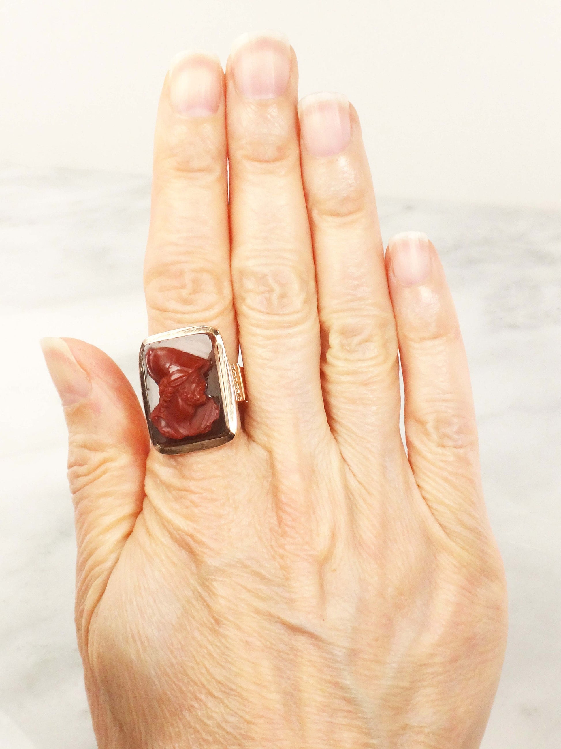 Vintage Victorian Carnelian Cameo Ring: 14k Rose Gold, Size 8