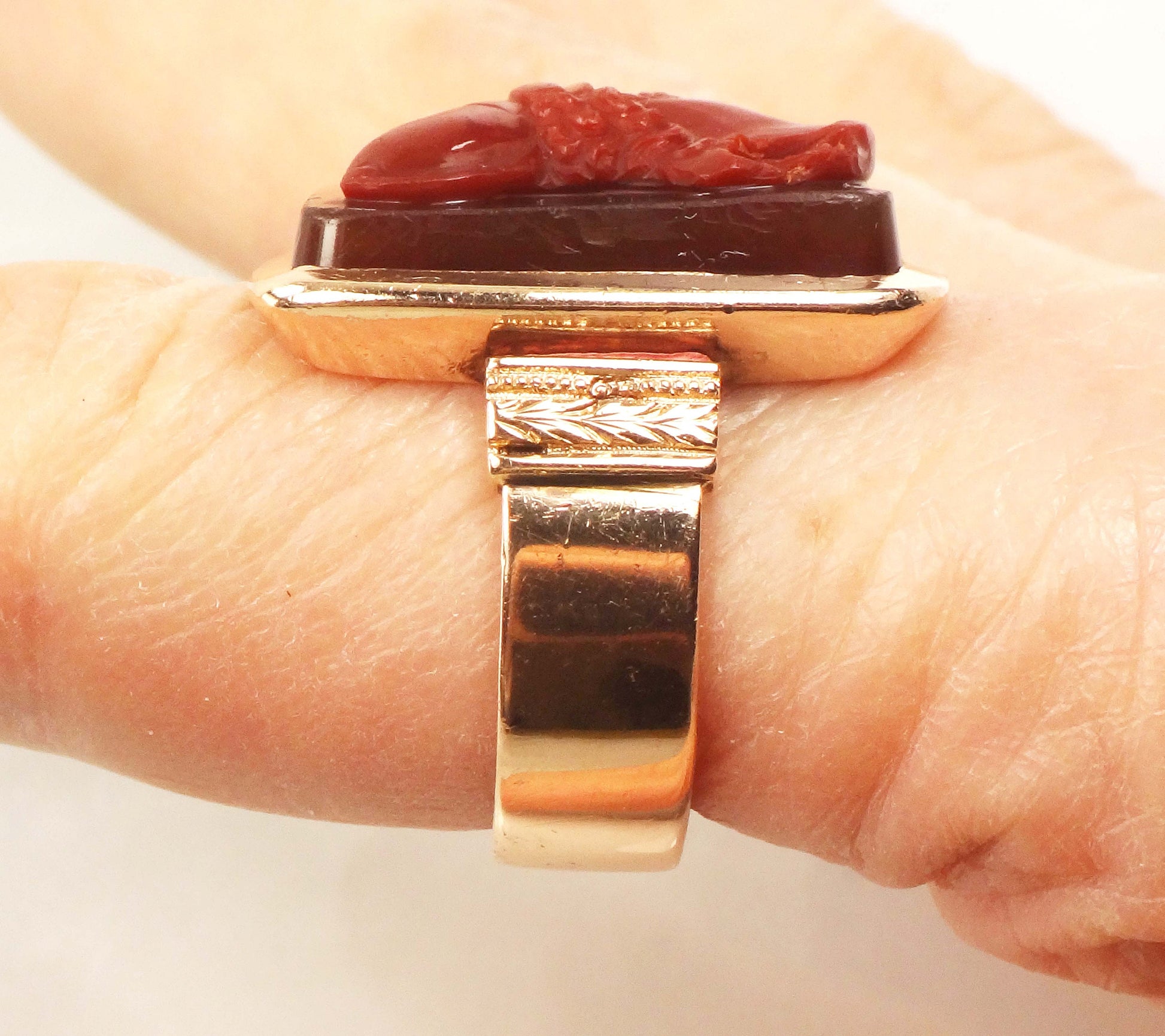 Vintage Victorian Carnelian Cameo Ring: 14k Rose Gold, Size 8