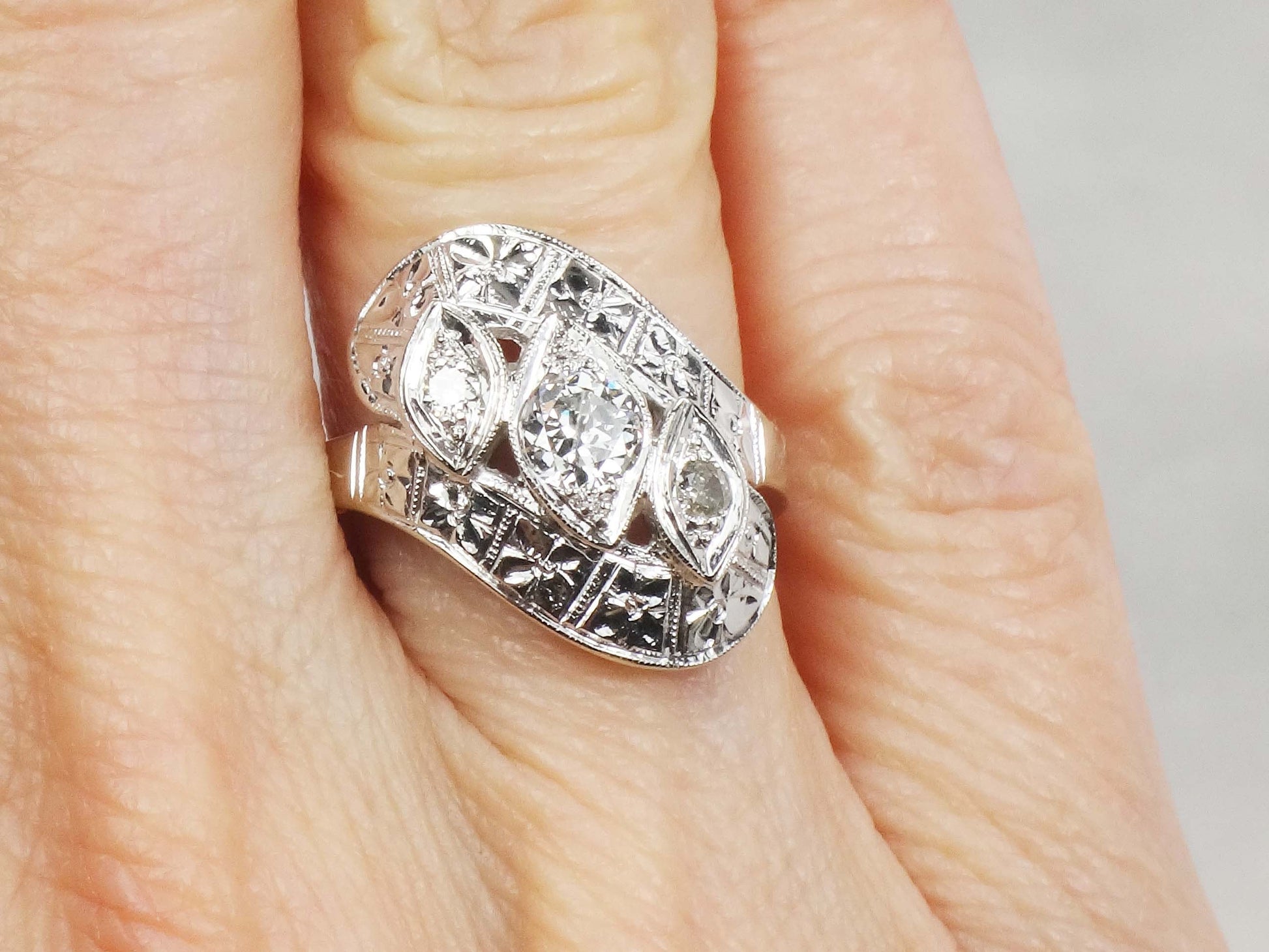 Vintage 14k White Gold Natural Diamond Orange Blossom Ring Circa 1940s Alternative Engagement Ring