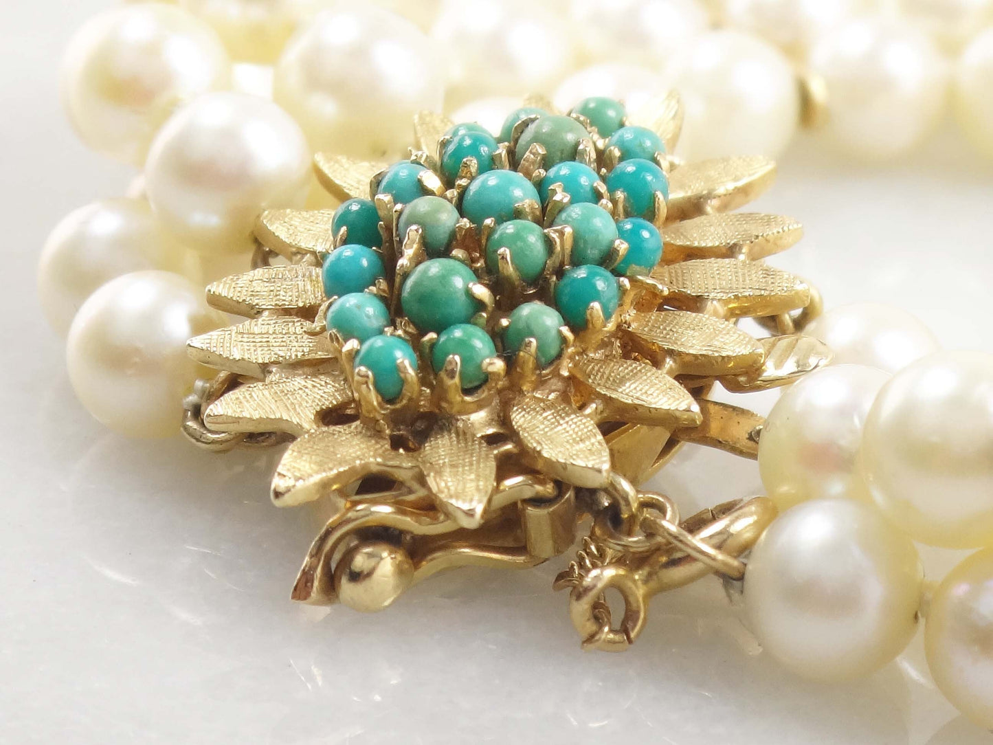Vintage 14k Gold Triple Strand Pearl Bracelet with Turquoise Clasp Saltwater Cultured Pearl and Turquoise Bracelet - Bridal 6.5"