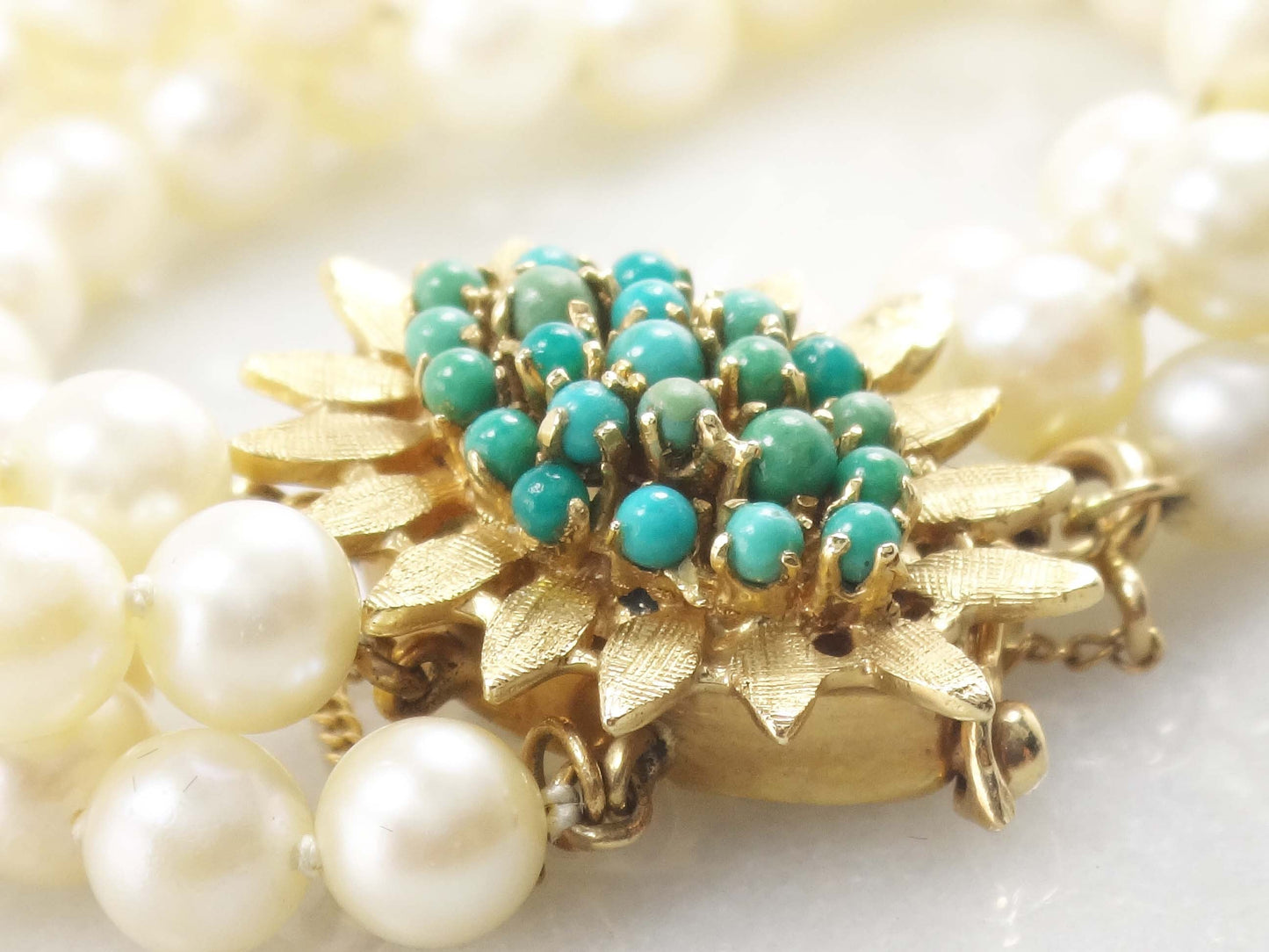 Vintage 14k Gold Triple Strand Pearl Bracelet with Turquoise Clasp Saltwater Cultured Pearl and Turquoise Bracelet - Bridal 6.5"