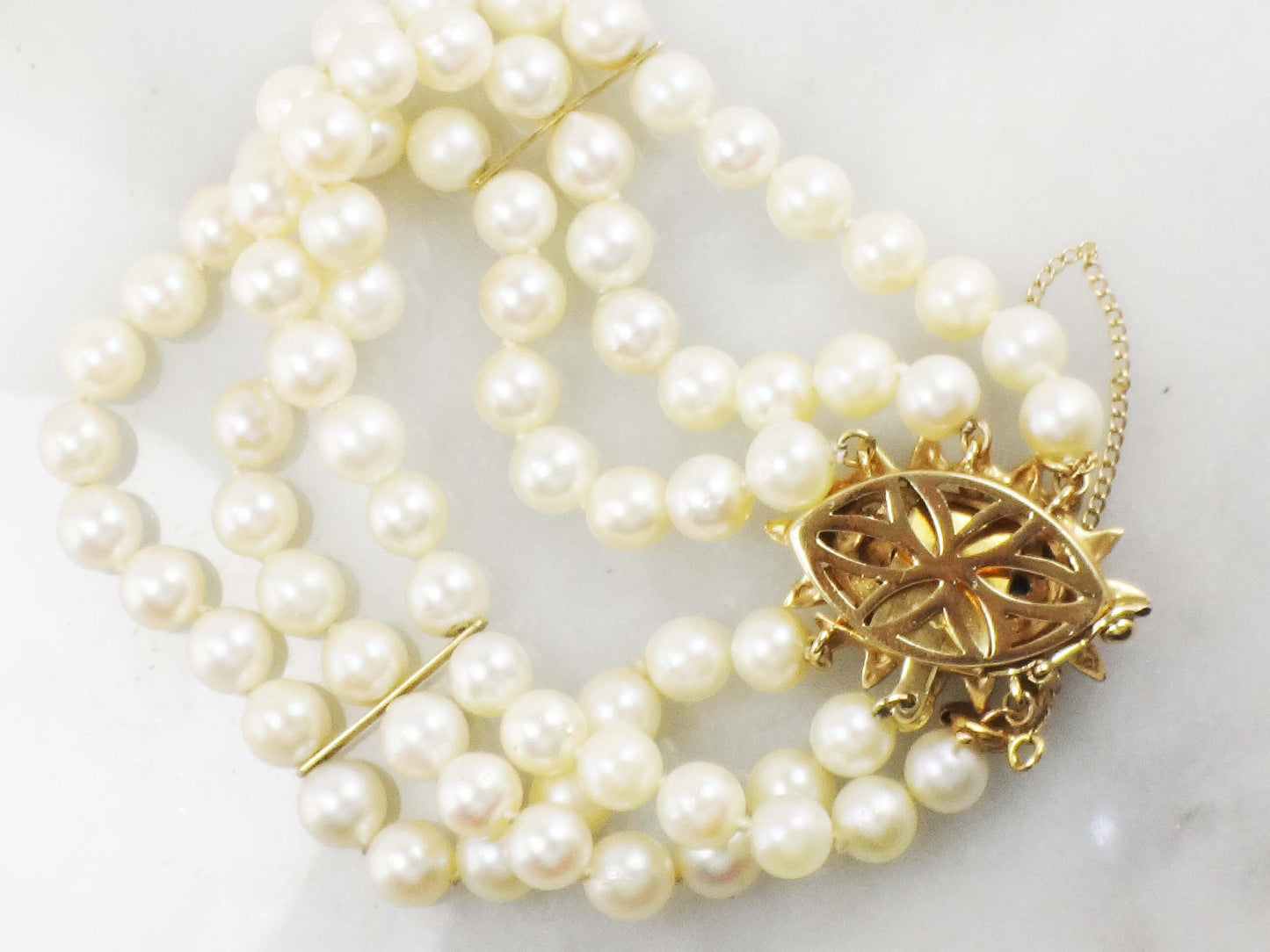 Vintage 14k Gold Triple Strand Pearl Bracelet with Turquoise Clasp Saltwater Cultured Pearl and Turquoise Bracelet - Bridal 6.5"