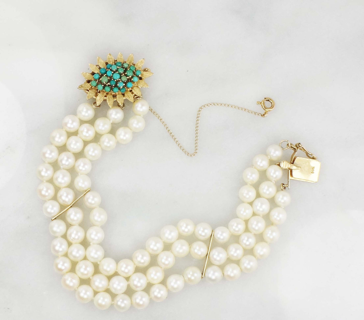 Vintage 14k Gold Triple Strand Pearl Bracelet with Turquoise Clasp Saltwater Cultured Pearl and Turquoise Bracelet - Bridal 6.5"
