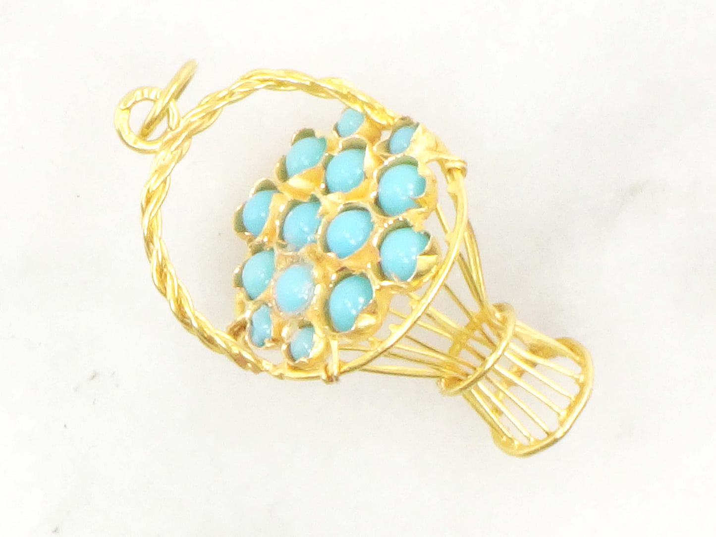 Vintage 18k Gold Turquoise Basket Charm 3D Basket Charm 18k Gold Blue Turquoise Charm Gold Basket Charm Gold Basket Pendant