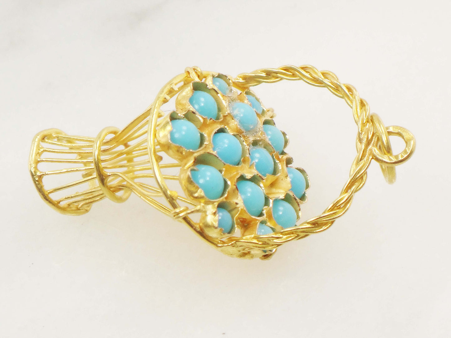 Vintage 18k Gold Turquoise Basket Charm 3D Basket Charm 18k Gold Blue Turquoise Charm Gold Basket Charm Gold Basket Pendant