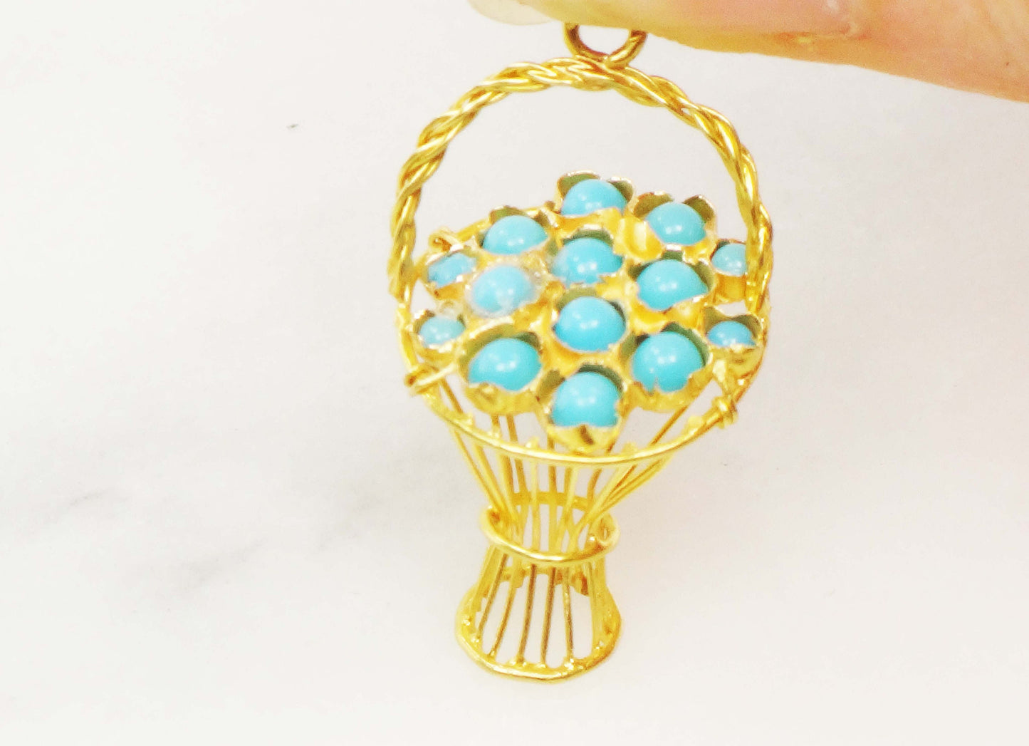 Vintage 18k Gold Turquoise Basket Charm 3D Basket Charm 18k Gold Blue Turquoise Charm Gold Basket Charm Gold Basket Pendant
