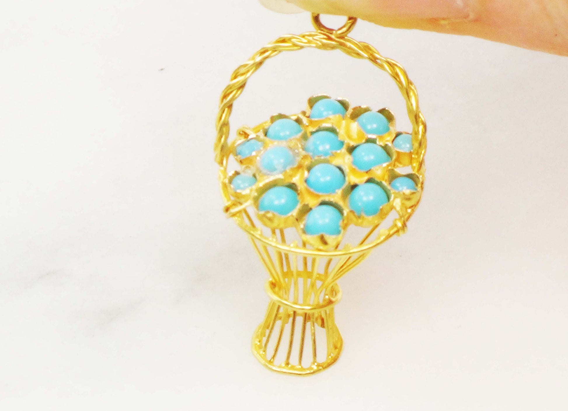Vintage 18k Gold Turquoise Basket Charm Pendant