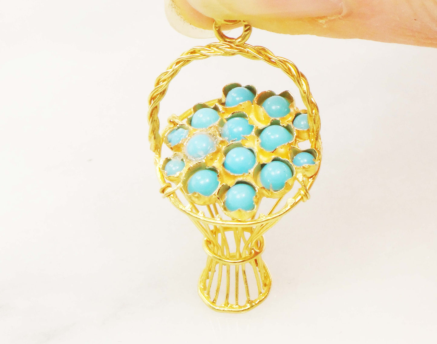 Vintage 18k Gold Turquoise Basket Charm 3D Basket Charm 18k Gold Blue Turquoise Charm Gold Basket Charm Gold Basket Pendant