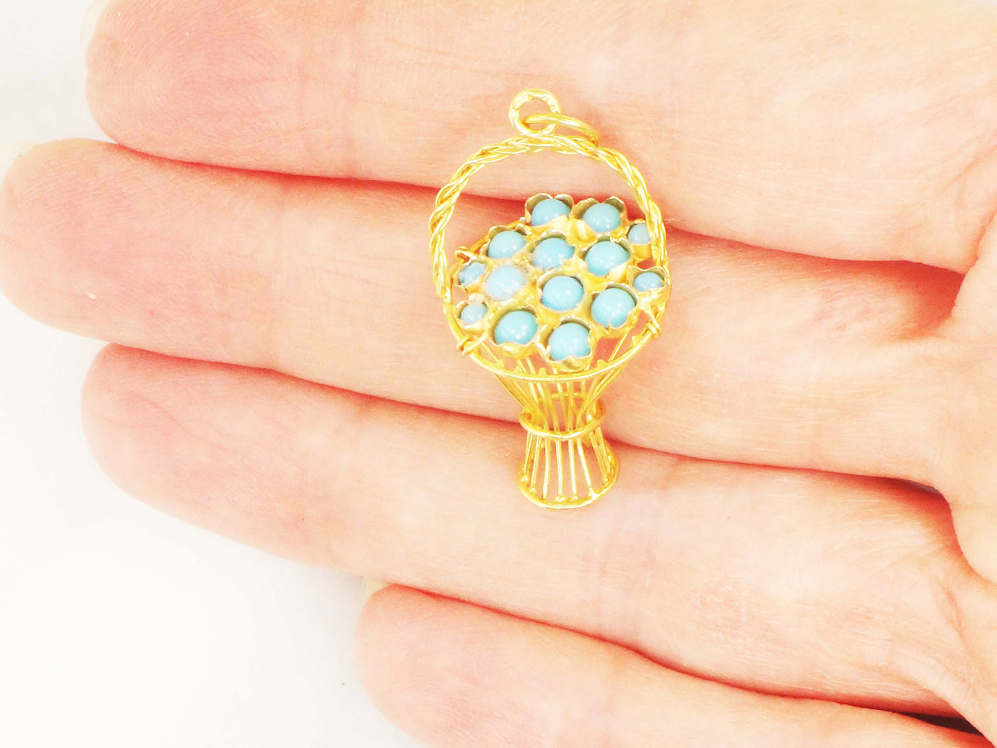 Vintage 18k Gold Turquoise Basket Charm 3D Basket Charm 18k Gold Blue Turquoise Charm Gold Basket Charm Gold Basket Pendant