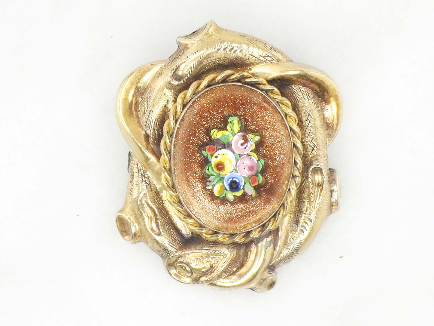 Vintage 10k Yellow Gold Floral Micro Mosaic Pin Pendant Victorian / Antique Goldstone Glass Pin