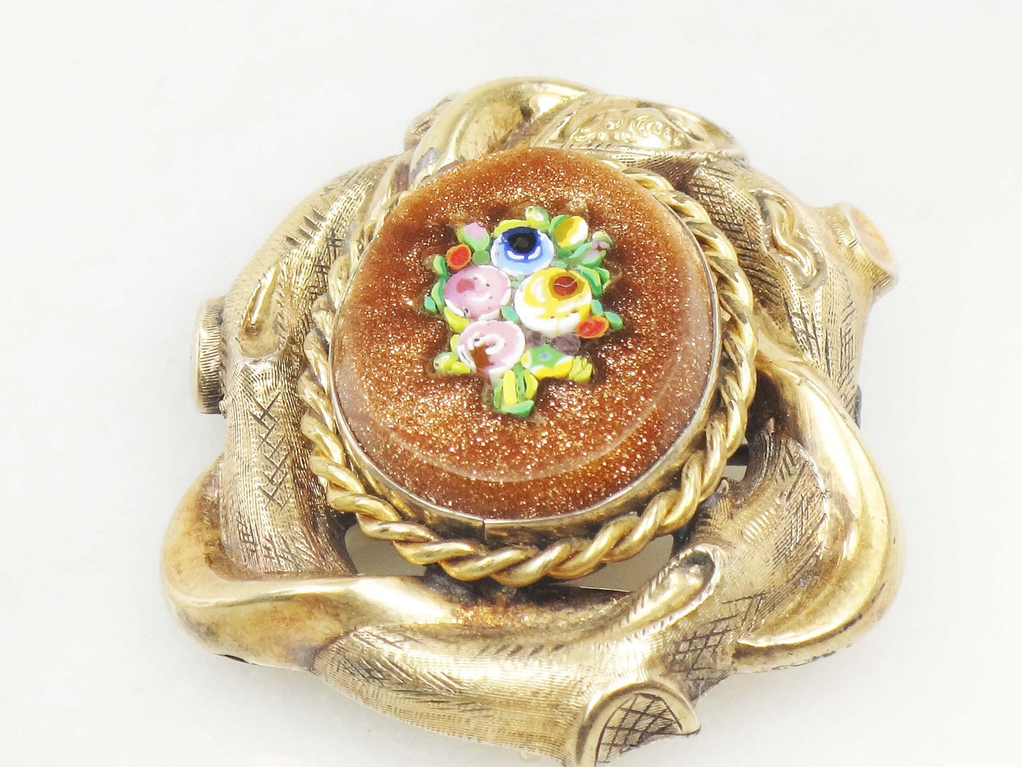 Vintage 10k Yellow Gold Floral Micro Mosaic Pin Pendant Victorian / Antique Goldstone Glass Pin