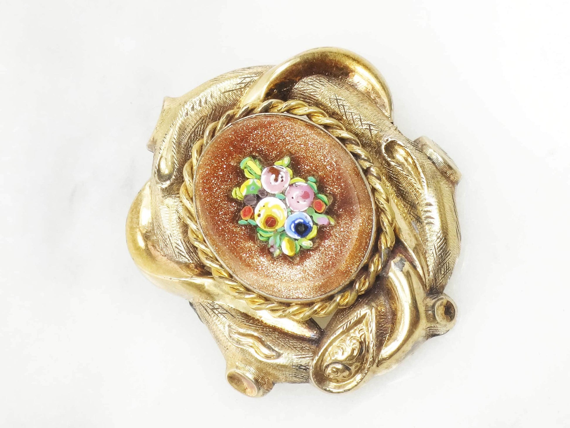 Vintage 10k Yellow Gold Floral Micro Mosaic Pin Pendant Victorian / Antique Goldstone Glass Pin