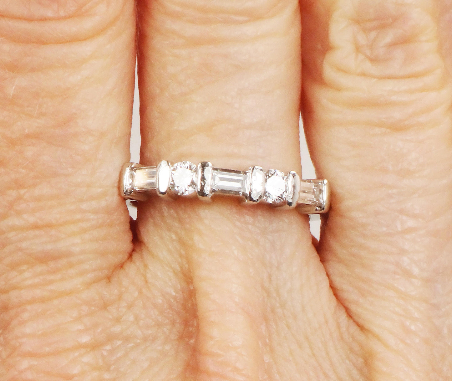 Vintage Platinum Diamond Wedding Band: Baguette & Round Cut, Size 6.5