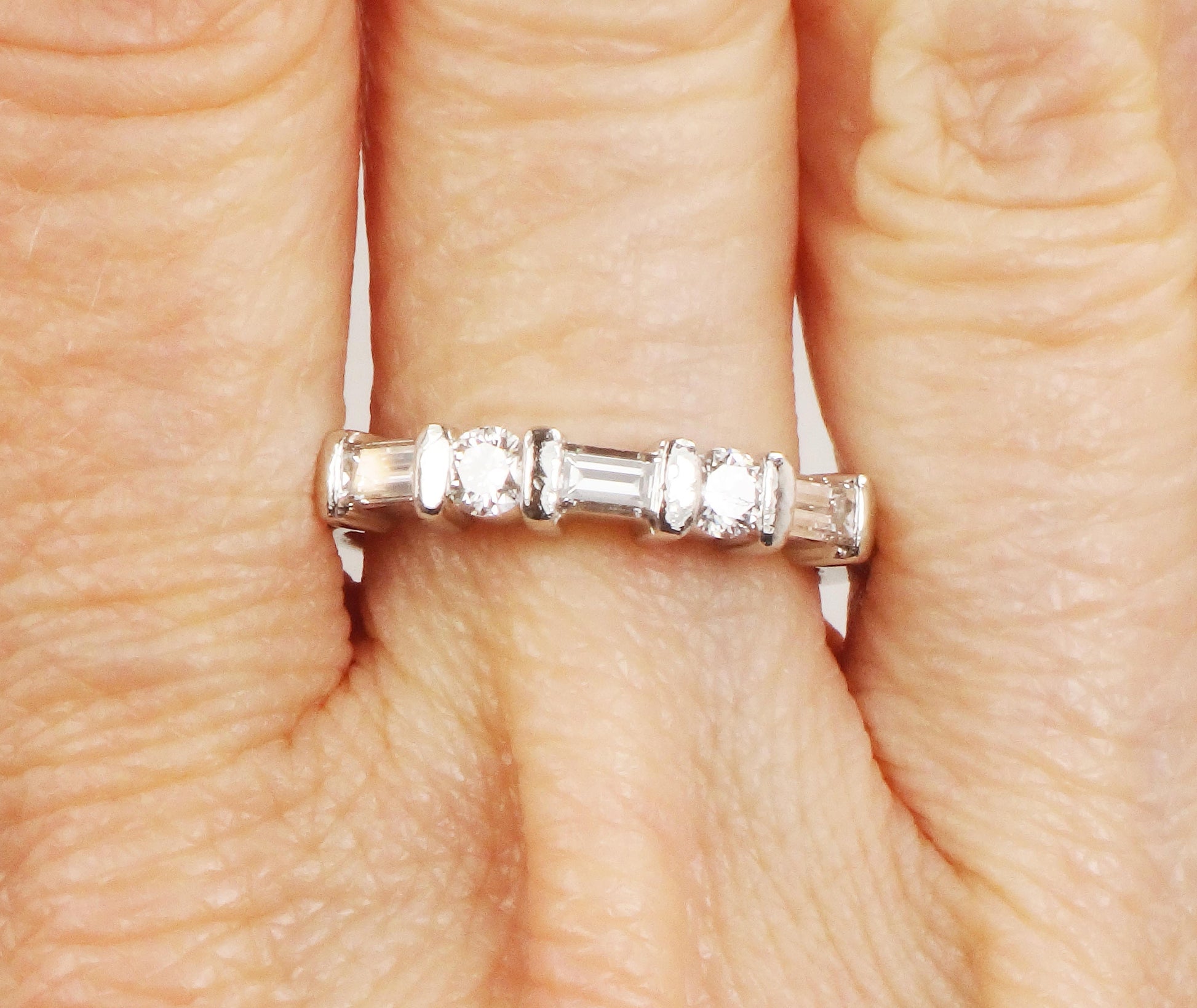 Vintage Platinum Diamond Wedding Band: Baguette & Round Cut, Size 6.5