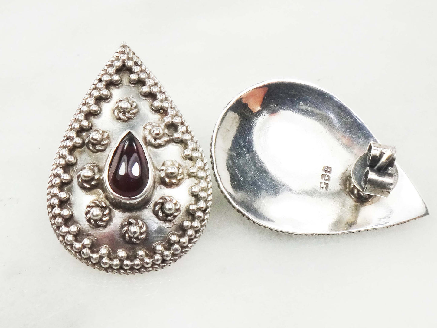 Vintage Large Sterling Silver Teardrop Shaped Garnet Earrings with Post Backs, January Birthstone