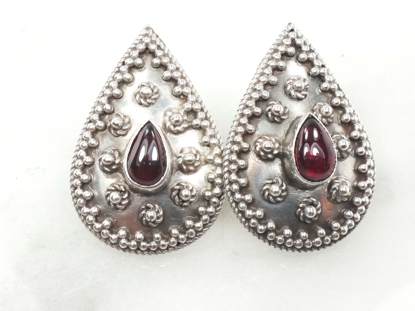 Vintage Large Sterling Silver Teardrop Shaped Garnet Earrings with Post Backs, January Birthstone