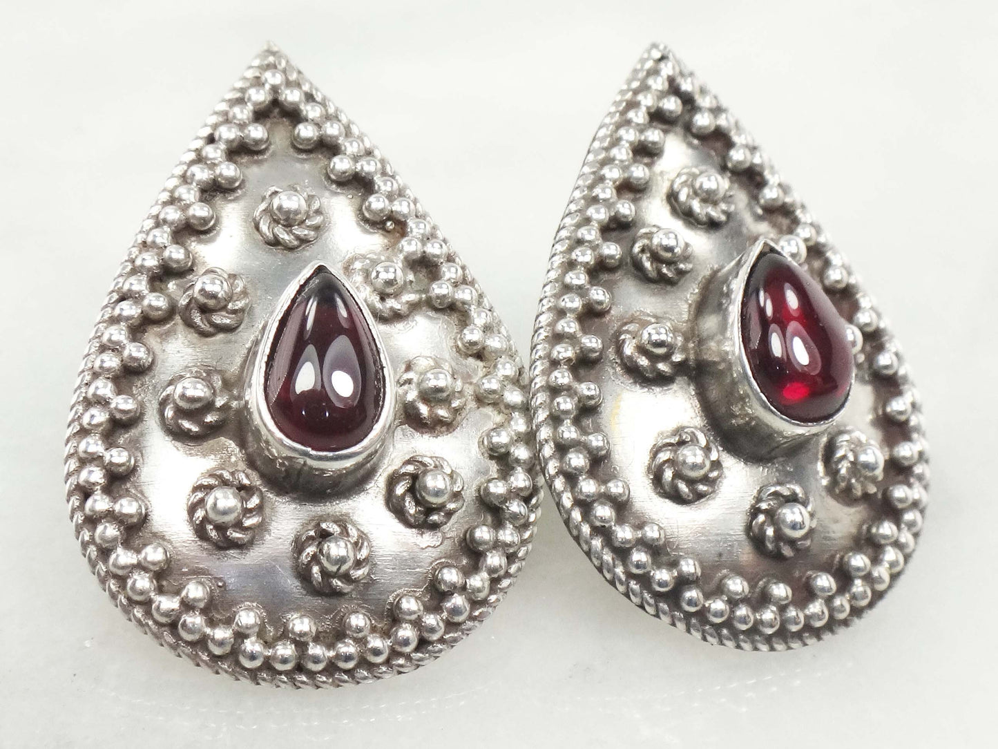 Vintage Large Sterling Silver Teardrop Shaped Garnet Earrings with Post Backs, January Birthstone
