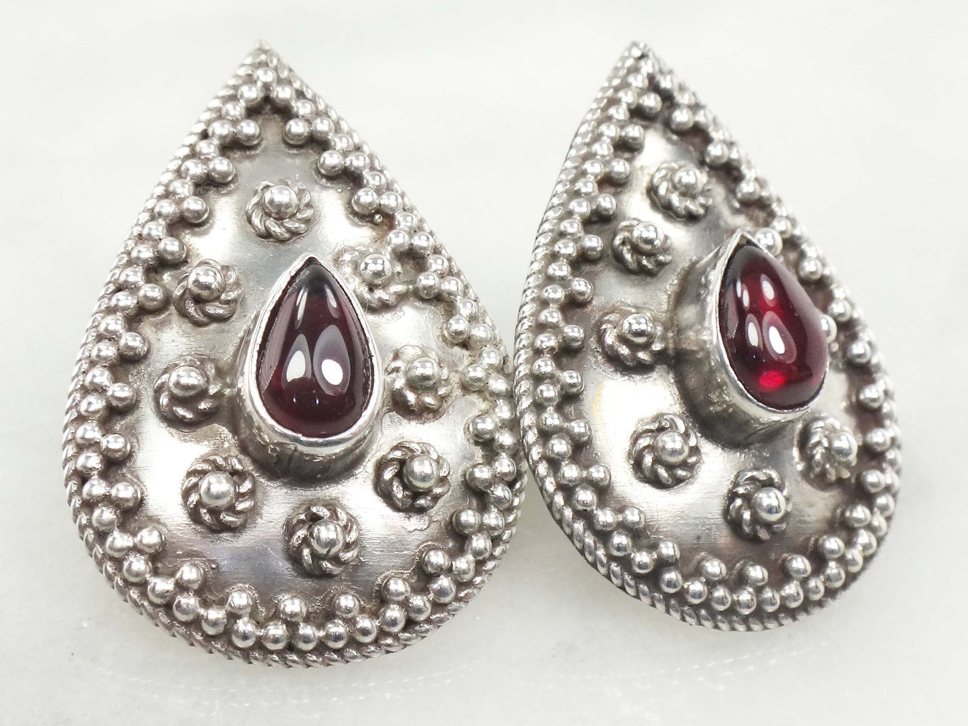 Vintage Large Sterling Silver Teardrop Shaped Garnet Earrings with Post Backs, January Birthstone