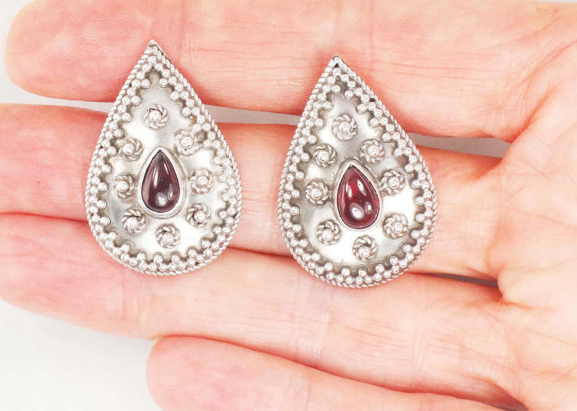Vintage Large Sterling Silver Teardrop Shaped Garnet Earrings with Post Backs, January Birthstone