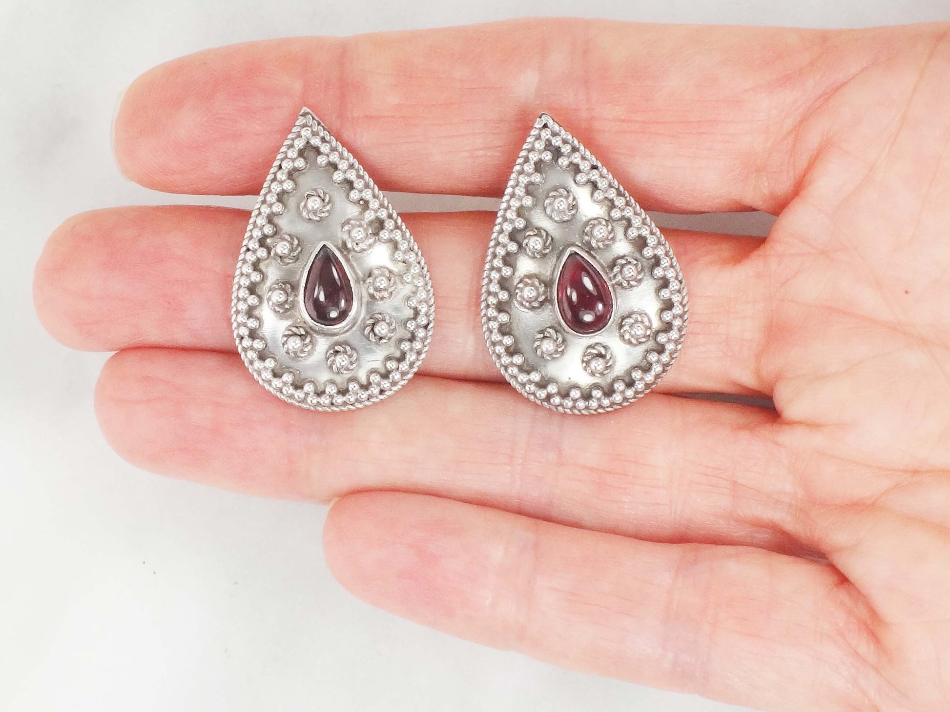 Vintage Large Sterling Silver Teardrop Shaped Garnet Earrings with Post Backs, January Birthstone