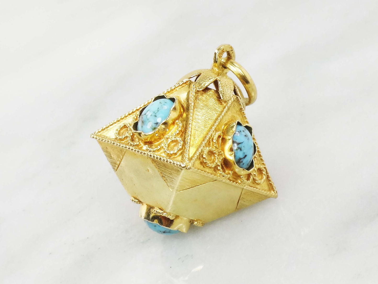 Vintage Large 18k Gold Turquoise Charm Pendant, Etruscan Revival Italian Charm