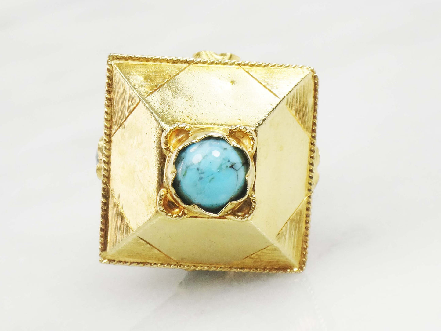 Vintage Large 18k Gold Turquoise Charm Pendant, Etruscan Revival Italian Charm