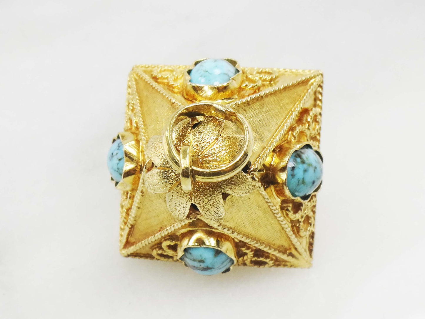 Vintage Large 18k Gold Turquoise Charm Pendant, Etruscan Revival Italian Charm