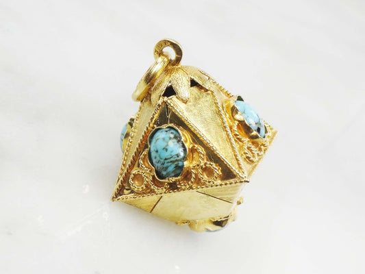 Vintage Large 18k Gold Turquoise Charm Pendant, Etruscan Revival Italian Charm