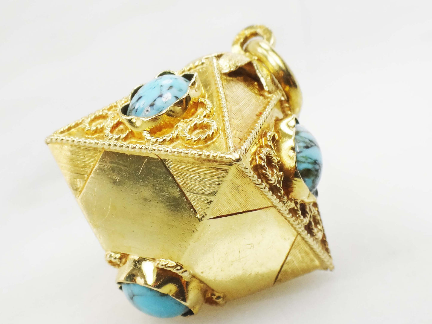 Vintage Large 18k Gold Turquoise Charm Pendant, Etruscan Revival Italian Charm