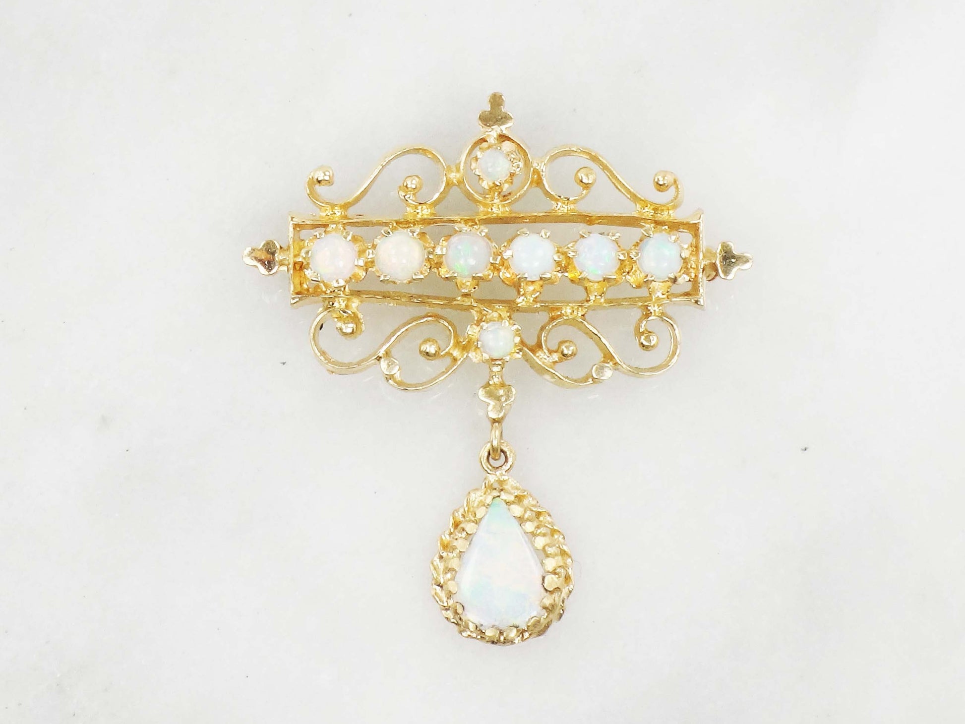 Vintage 14k Yellow Gold Opal Pendant Pin: Australian Opal October Birthstone