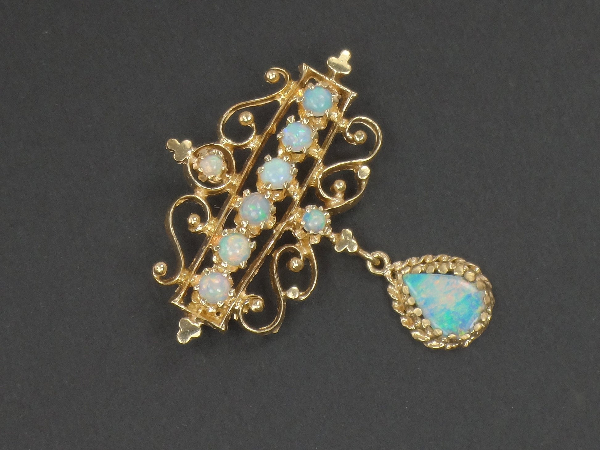 Vintage 14k Yellow Gold Opal Pendant Pin: Australian Opal October Birthstone