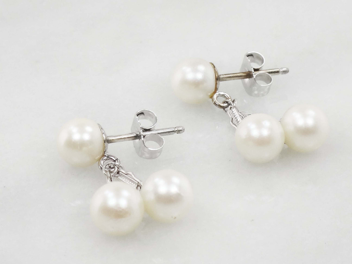Vintage 14k White Gold Pearl Dangle Earrings, Bridal Fine Jewelry