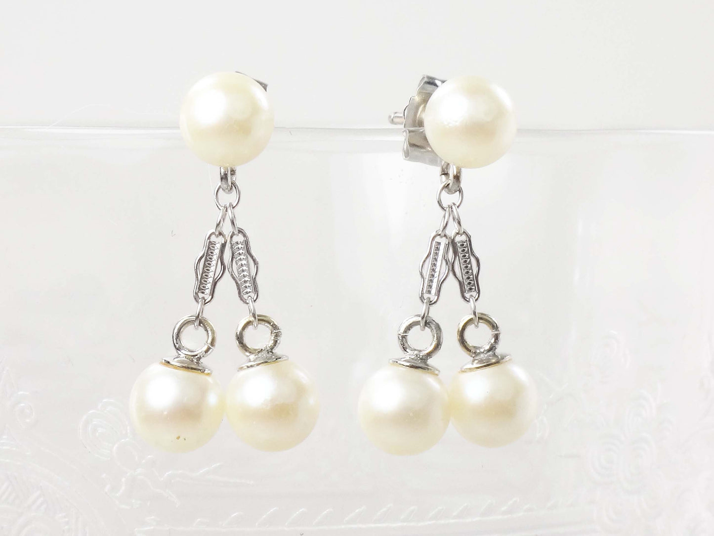 Vintage 14k White Gold Pearl Dangle Earrings, Bridal Fine Jewelry