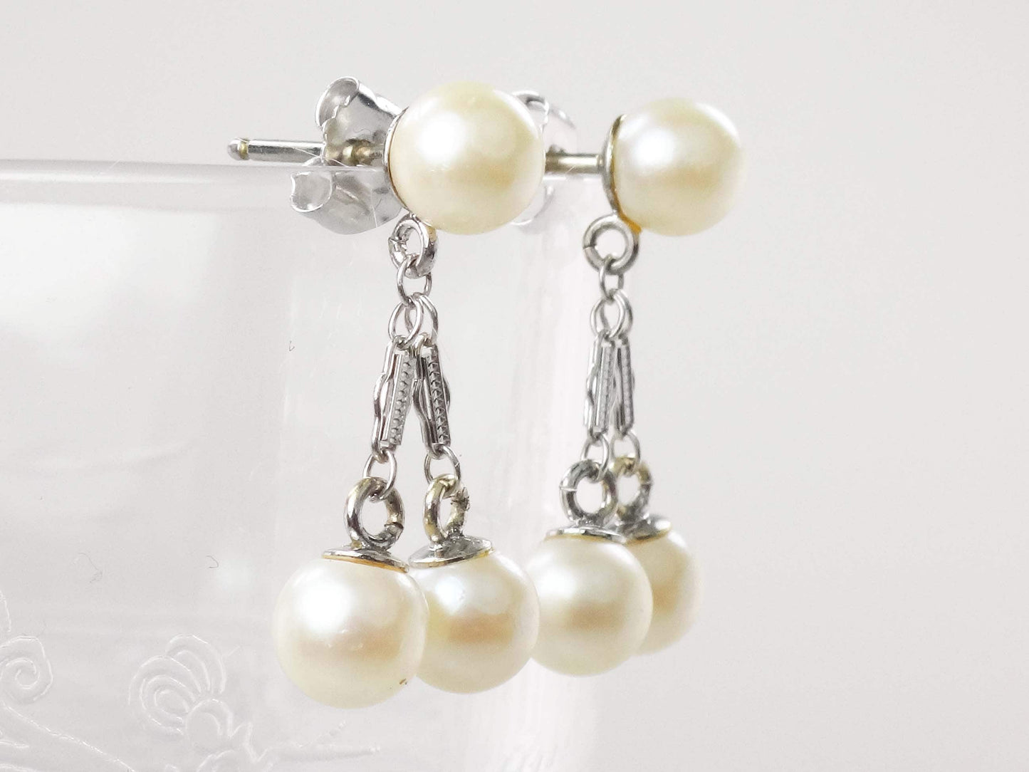 Vintage 14k White Gold Pearl Dangle Earrings, Bridal Fine Jewelry