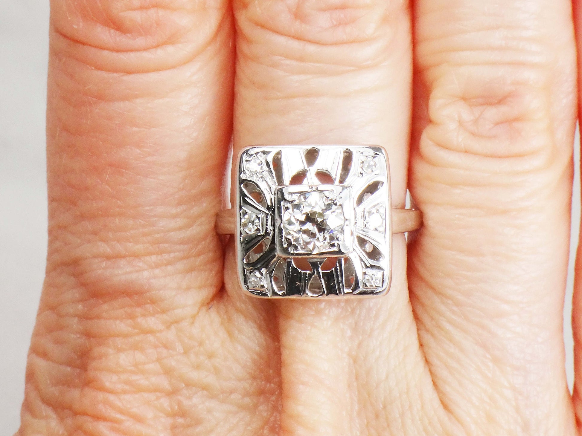 Vintage Art Deco 14k White Gold Diamond Ring: .50 Carat Old European Cut