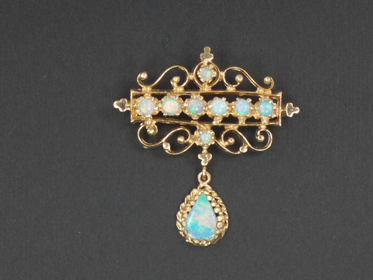 Vintage 14k Yellow Gold Opal Pendant Pin: Australian Opal October Birthstone