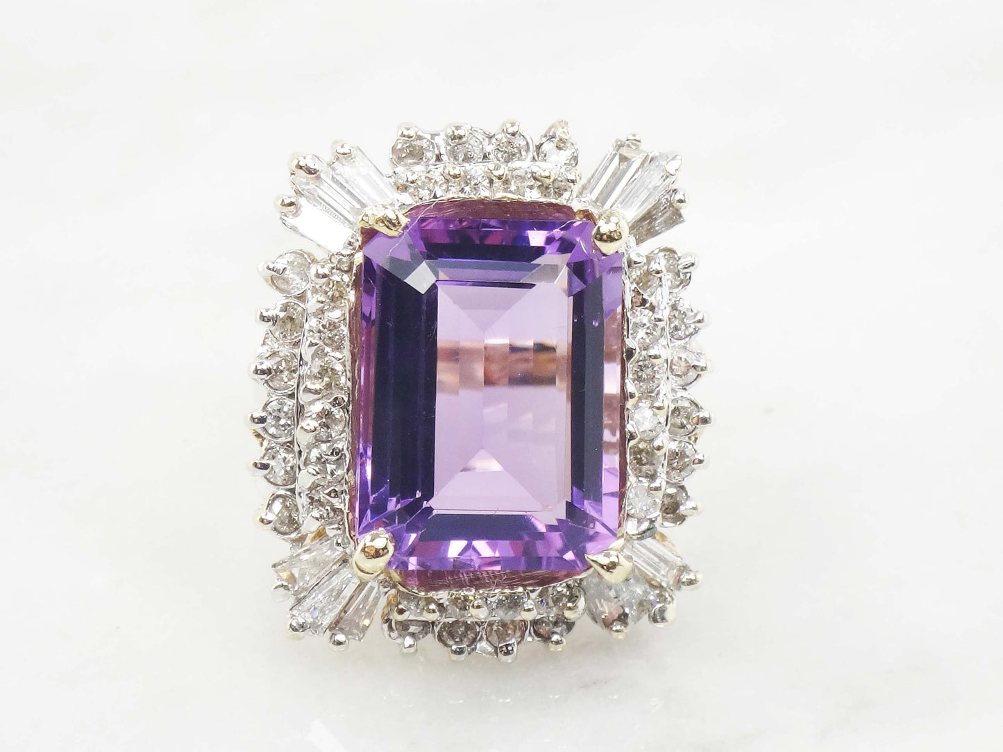 Vintage Large 14k Gold Amethyst Ring with Diamonds, 10 CT Natural Amethyst Statement Ring 1.5 CT Diamonds