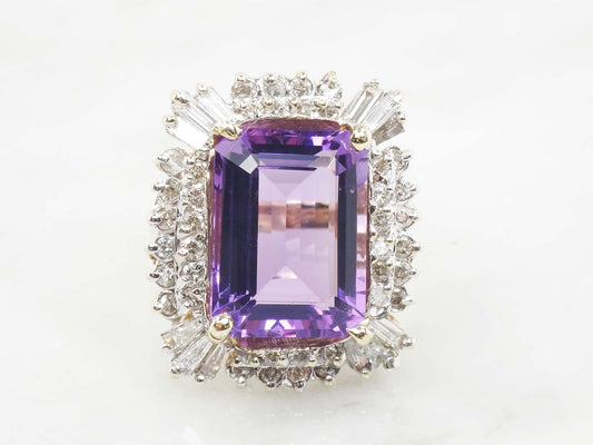 Vintage Large 14k Gold Amethyst Ring with Diamonds, 10 CT Natural Amethyst Statement Ring 1.5 CT Diamonds