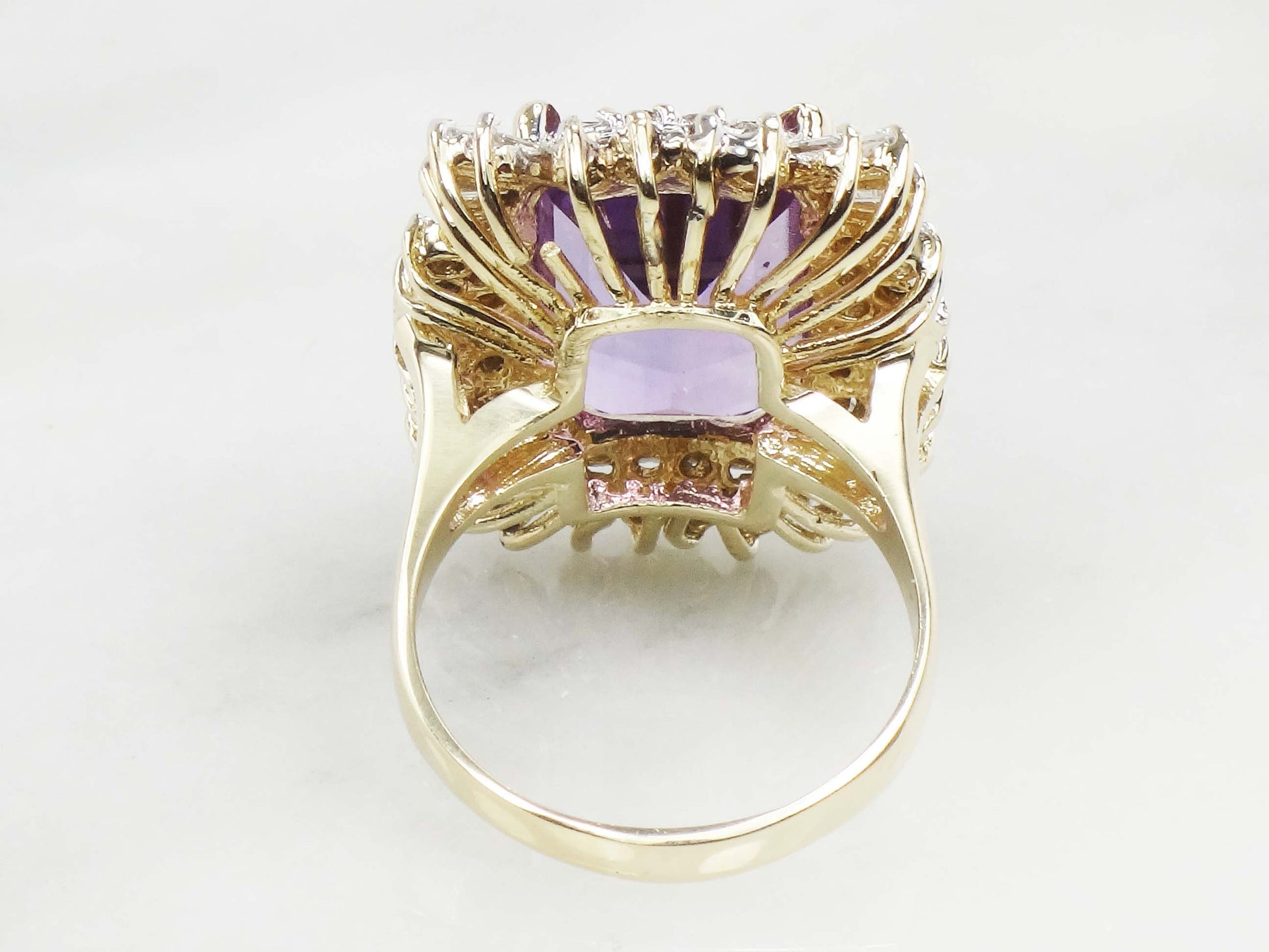 Vintage 14k Gold Amethyst Ring with Diamonds: 10 CT Statement Ring