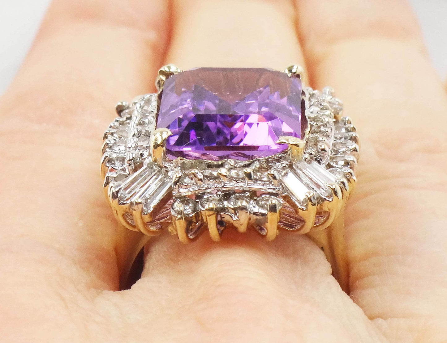 Vintage 14k Gold Amethyst Ring with Diamonds: 10 CT Statement Ring