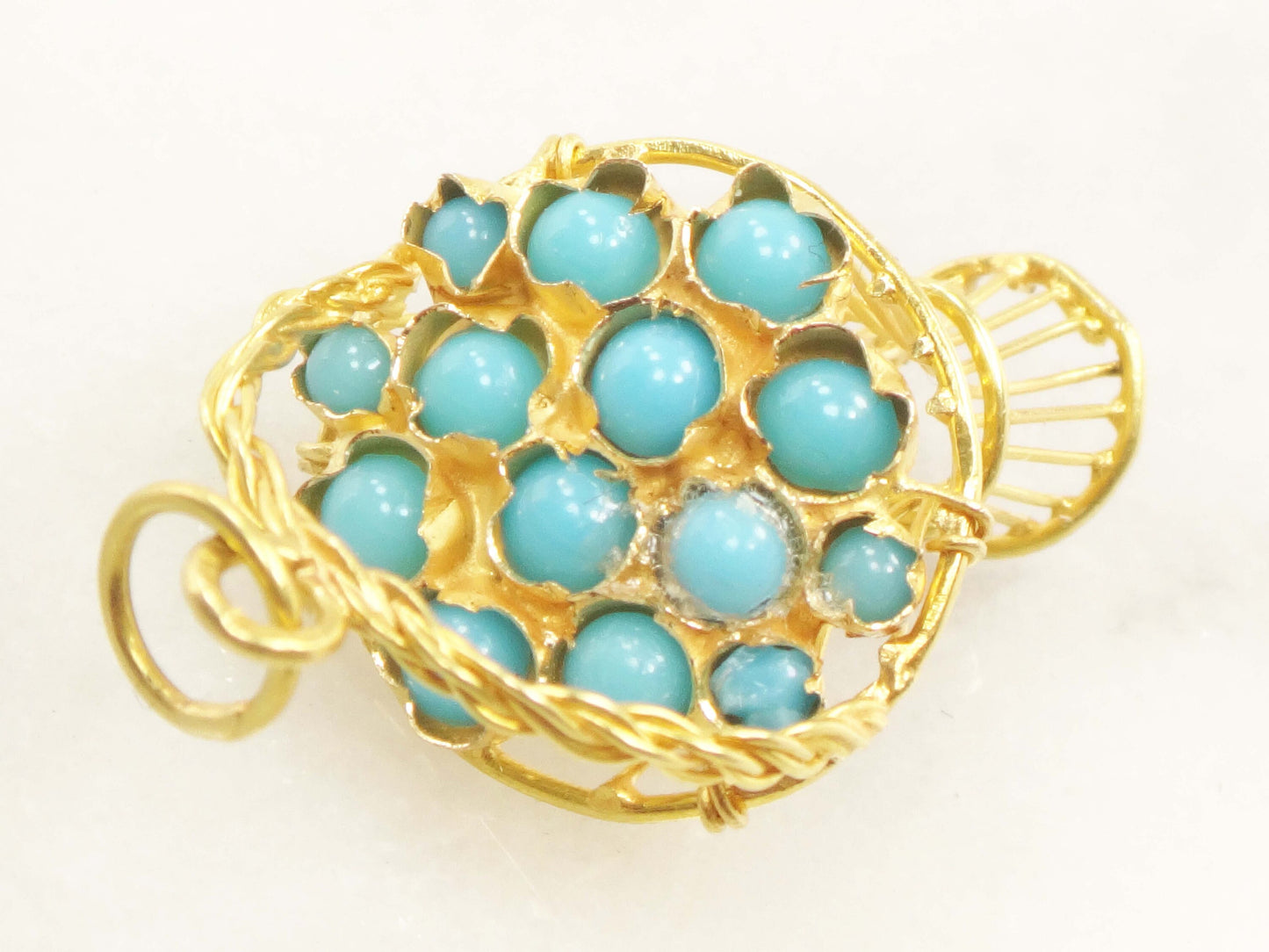 Vintage 18k Gold Turquoise Basket Charm 3D Basket Charm 18k Gold Blue Turquoise Charm Gold Basket Charm Gold Basket Pendant